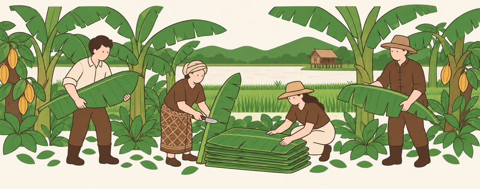 ผู้เข้าร่วมช่วยชาวบ้านตัดใบตองในสวนกล้วยริมอ่างเก็บน้ำ