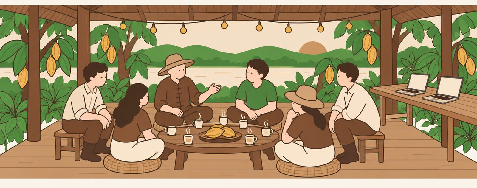 วงคุย Lecture Bar ตอนค่ำใต้ศาลาไม้ในฟาร์ม มีโต๊ะทำงานพร้อมแล็ปท็อปอยู่ด้านข้าง